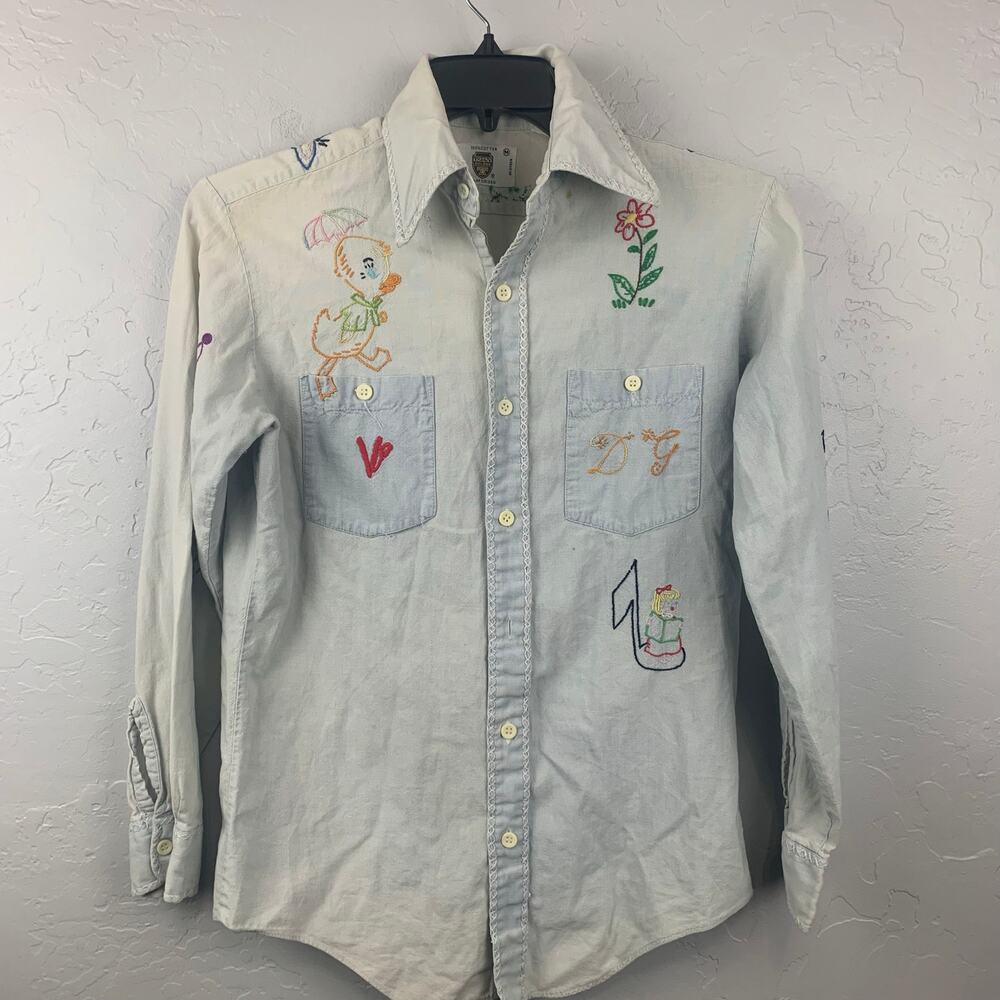 Vtg 1970s TG&Y Embroidered Chambray Shirt Womens Medium Blue Collared Hippie